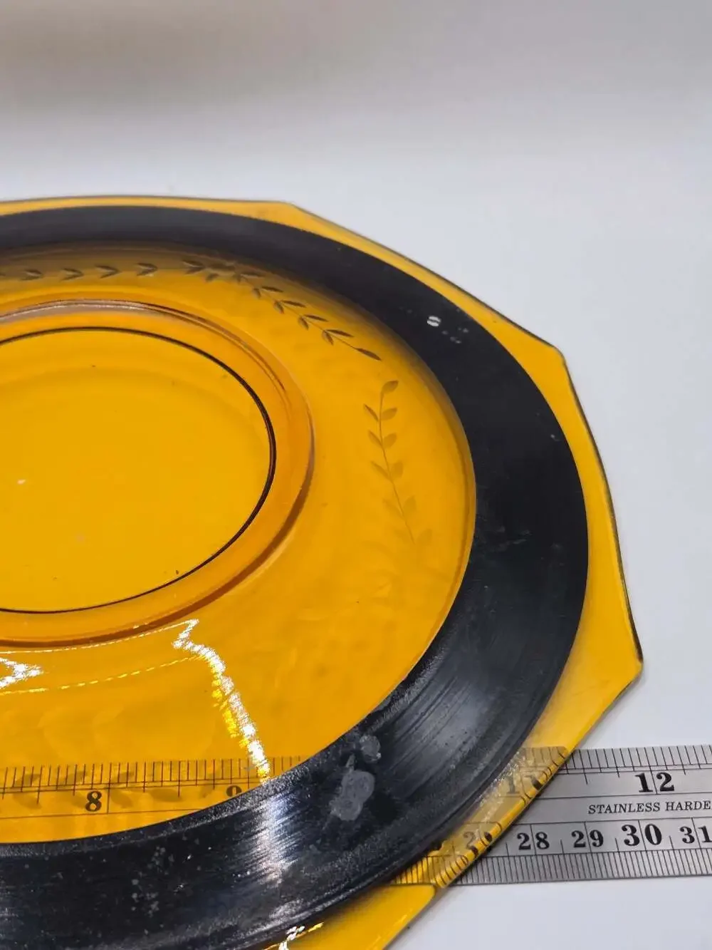 Vintage Amber Glass Plate with Black Rim and Etched Wheat Pattern